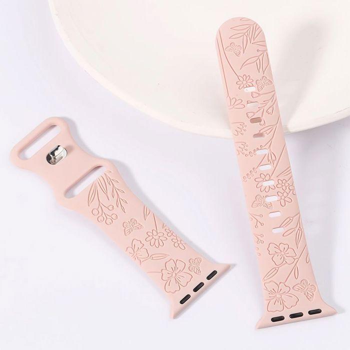 Bracelet pour Apple Watch Series 11 10 9 8 SE 7 6 5 4 3 2 1 Ultra 1/2/3, 42mm-44mm-45mm-46mm-49mm Silicone Gravure Papillon Rose