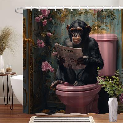 1pc Whimsical Chimpanzee Toilet Shower Curtain, Polyester, Machine Washable, 12 Hooks, Floral Design, Playful Bathroom Decor