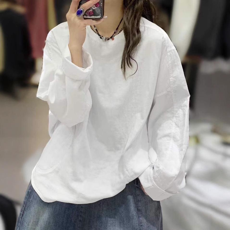 

Весенняя корейская двухслойная хлопковая и льняная футболка с круглым вырезом, свободная универсальная, с длинными рукавами, повседневный топ One size белый