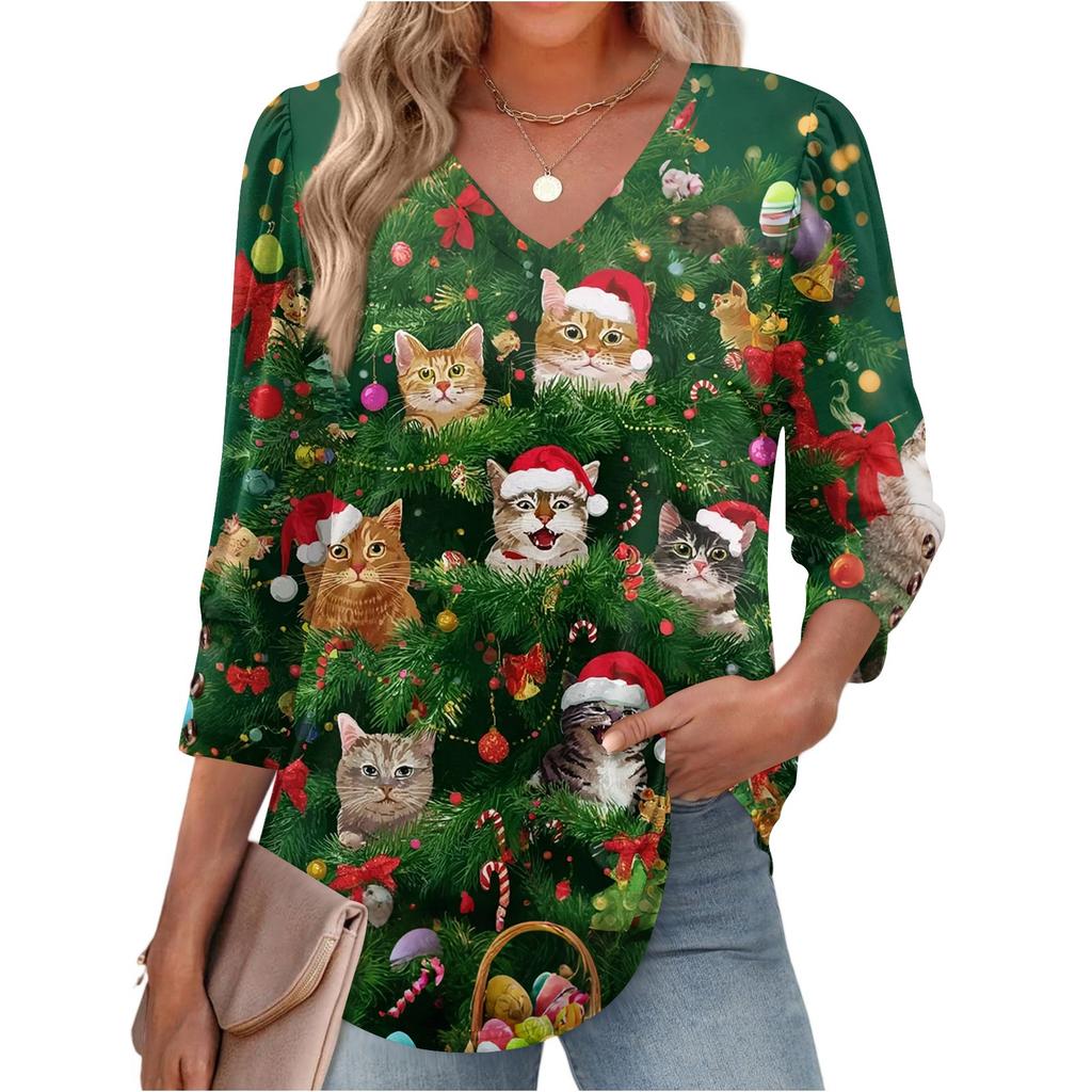 Women's Fashionable Casual Christmas Printed V-neck Top