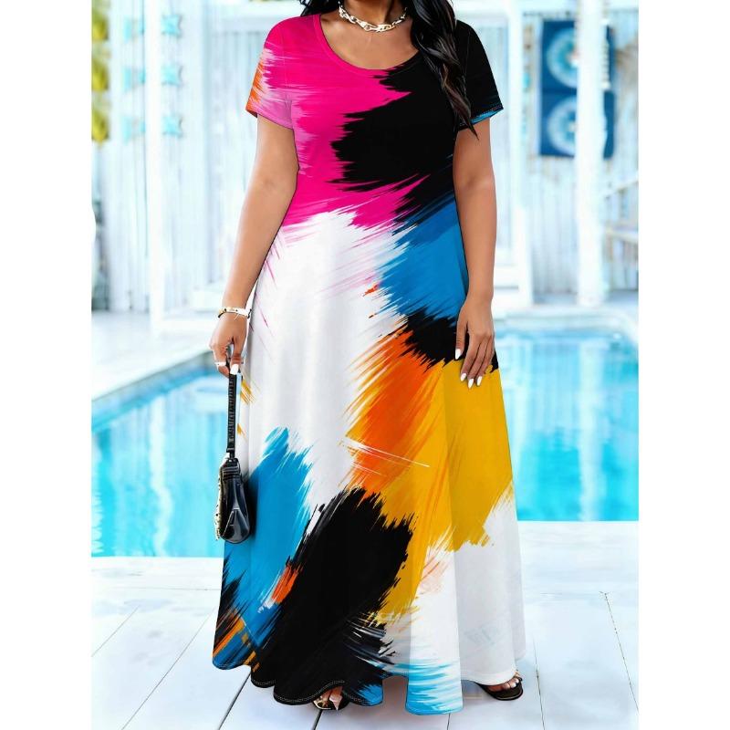 Plus Size - A Chic and Versatile Long Dress Featuring an Elegant Abstract Brushstroke Design.