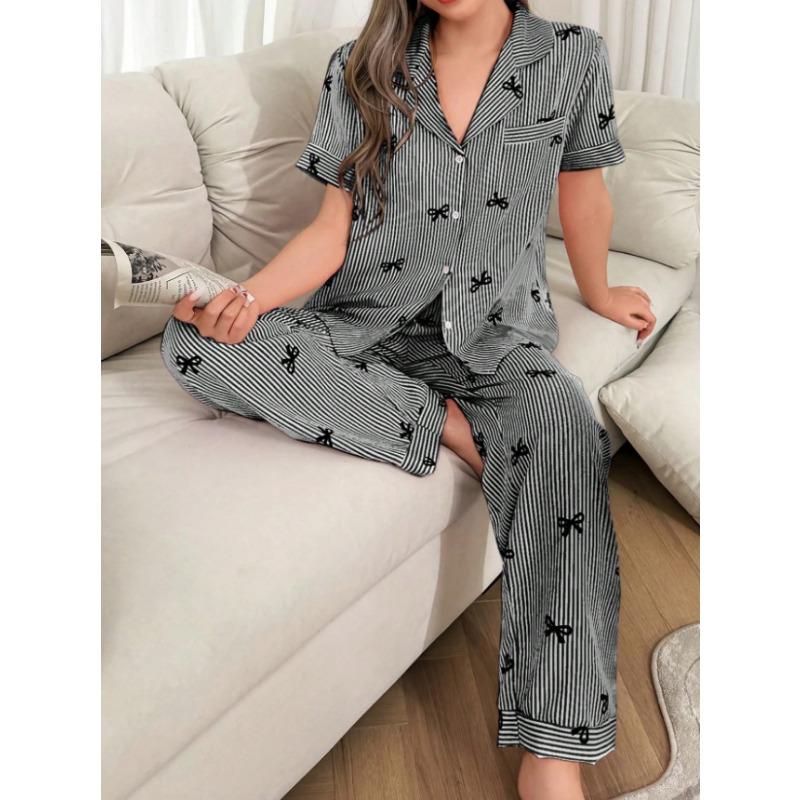 Women Striped Bow Turn Down Collar Short Sleeve Long Pants Two Piece Pajama Loungewear Set