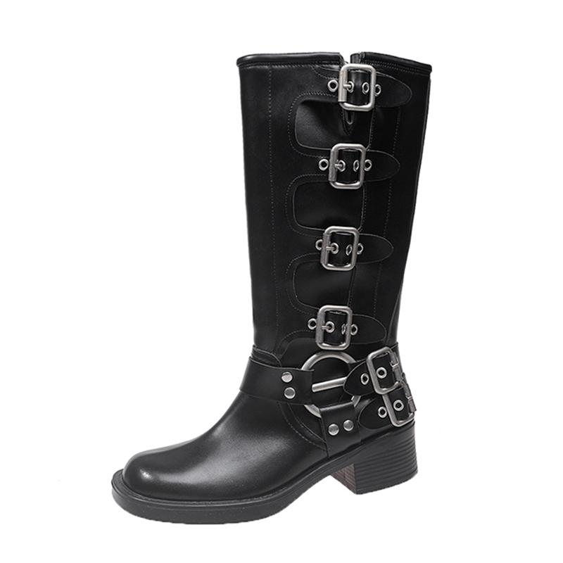 Fashion Fashion Metal Buckle Motorcycle Boots for Women Black PU Leather Chunky Heel Long Botas Mujer 2025 Autumn Winter Knee High Boots