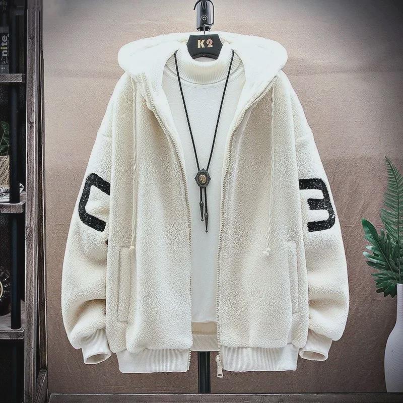 Men's Large Lambskin Hooded Jacket - Autumn/Winter, Hong Kong Style, Loose Fit, Casual & Warm Cotton Jacket for Couples