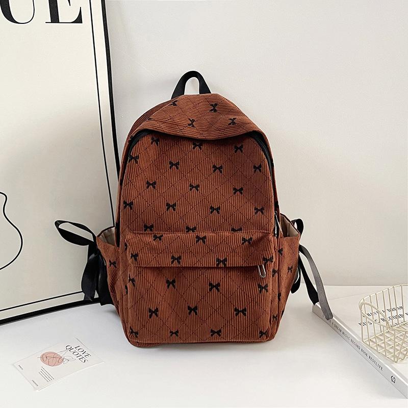 Schoolbag School Bag Female Junior High School College Student Corduroy Backpack Girl Solid Color Printed Velvet Backpack Storage