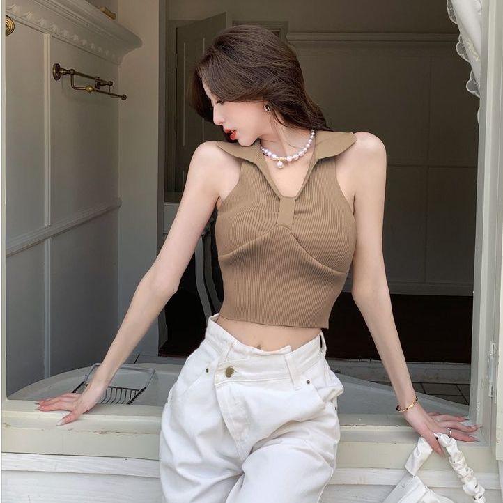 Camisole Tank Top Women's Summer Elegant Polo Collar Short Sleeveless Knitted Hot Girl Backless Top