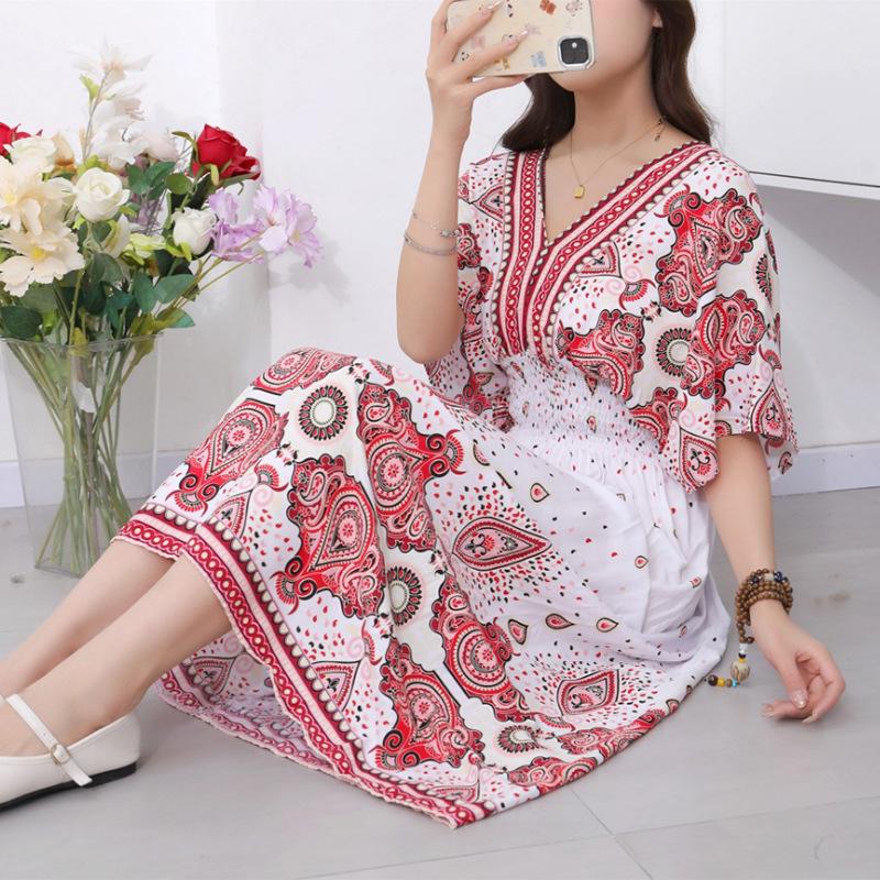 25th Anniversary Ethnic V-Neck Rayon Short Sleeve French-Thai Print Holiday Dress for Women