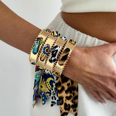 Ingemark 4 Colors Vintage Scarf Ribbon Adjustable Wide Bracelet Women Hip Hop Leopard Print Metal Open Cuff Bangle Boho Jewelry