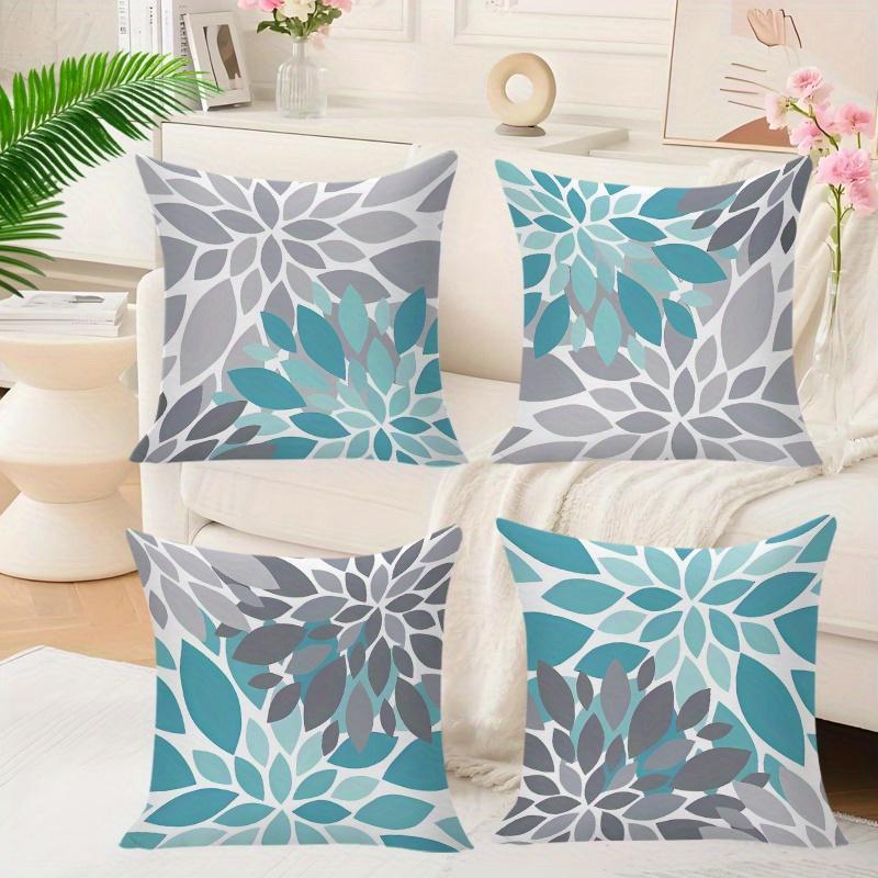 4-piece Blue-Gray Geometric Floral Print Pillowcases, Soft and Durable Polyester Fabric with Zipper Closure, Suitable for Sofa