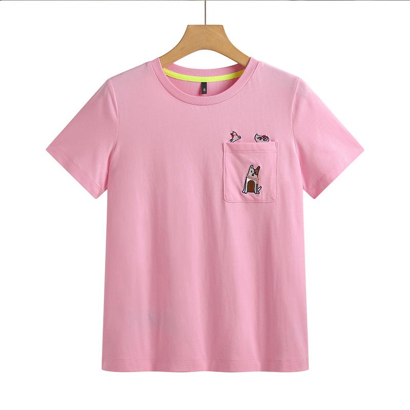 

Женская футболка из чистого хлопка с круглым вырезом и коротким рукавом, с двусторонней вышивкой, в корейском стиле, весна/лето 2025. M розовый
