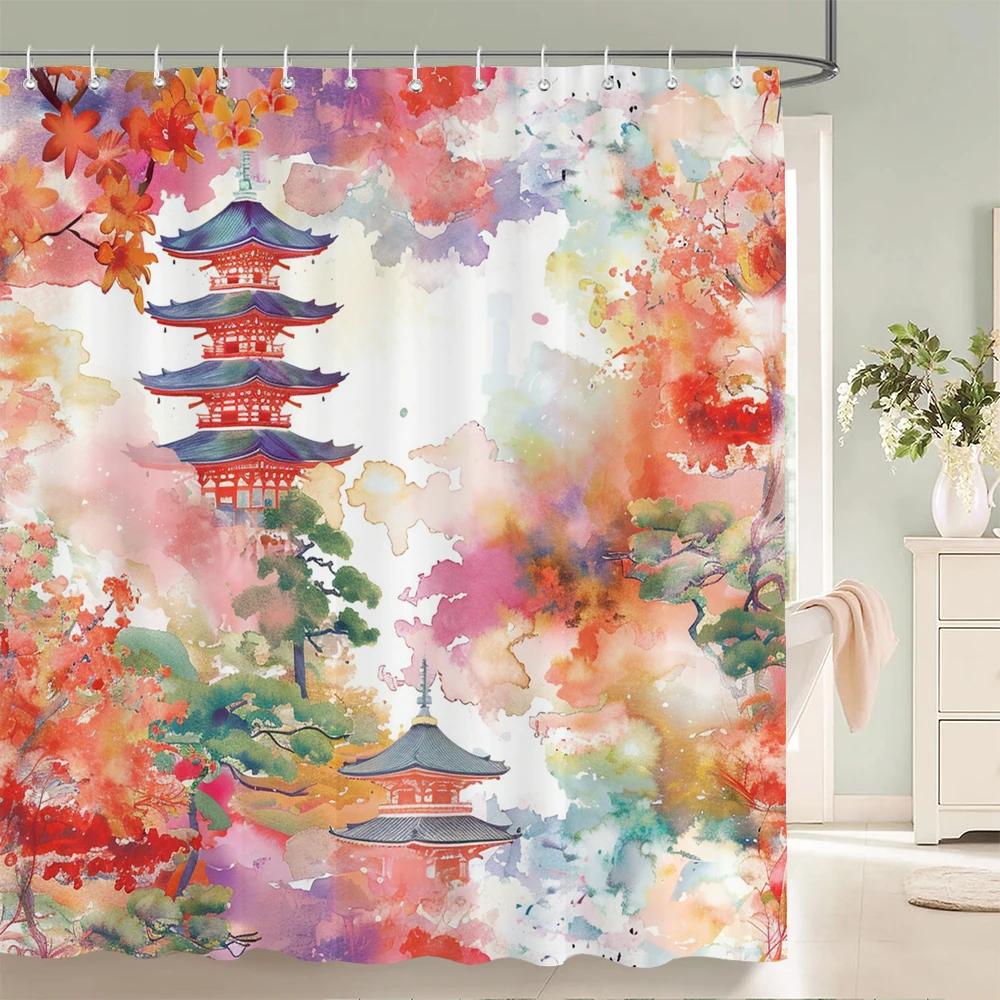 Japanischer Stil Blumen Vogel Duschvorhang Abstrakt Berg Rot Floral Pflanze Tuschekunst Landschaft Stoff Dekor Badezimmervorhänge