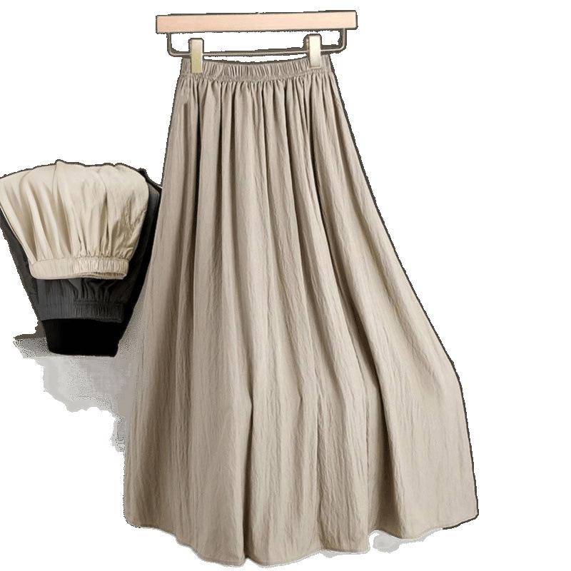 Women's Summer Solid Color Elastic High-Waisted A-Line Pleated Half Skirt Ladies Premium Elegant Casual Long Skirt