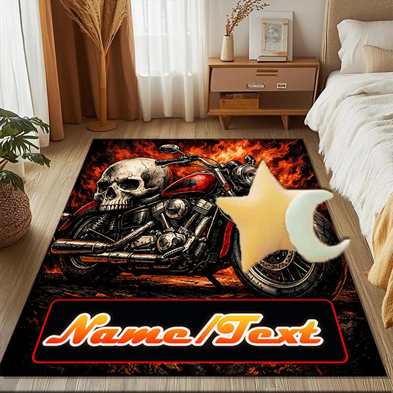 1PC Custom Name Skull Motorcycle Flames Theme Floor Mat Ideal for Living Room, Game Rooms, Office, Bedroom,Floor Mat Playful Design