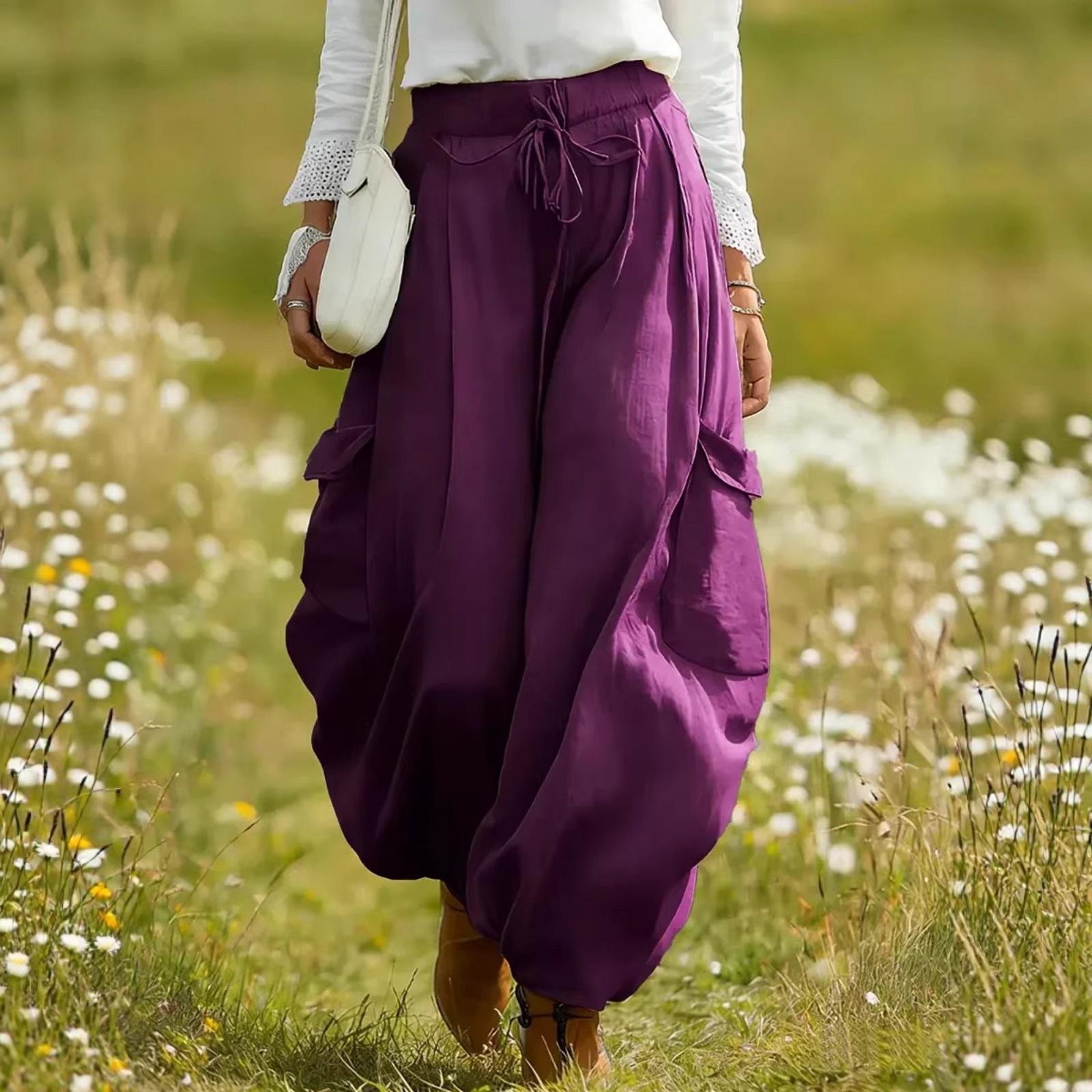 

Women s -color Elastic Waist Relaxed- Pocketed Casual Pants XL фіолетовий