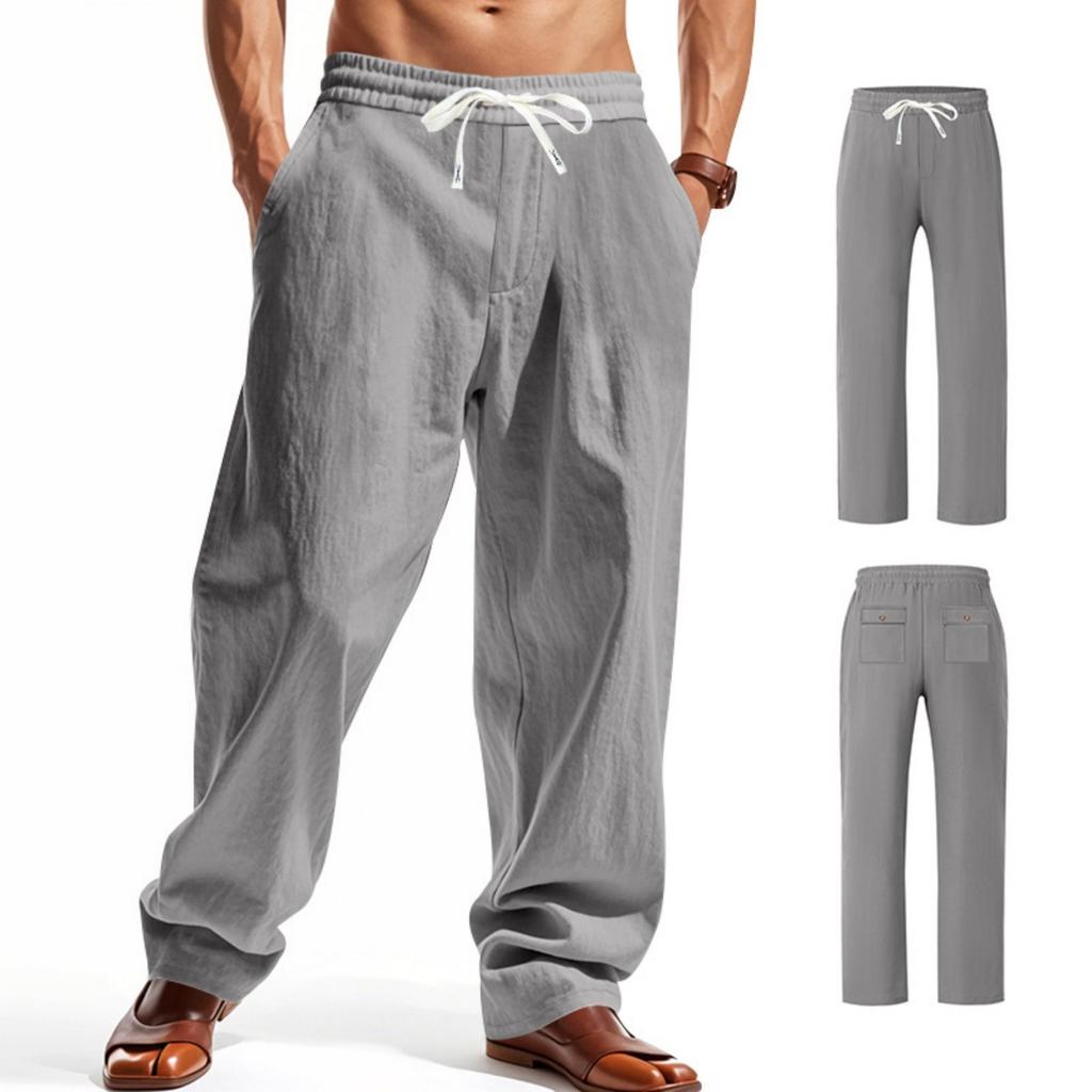 Linen Pants, Men's Casual Solid-color High Street Wide-leg Cargo Pants, Lace-up Work Pants With 4  Pockets