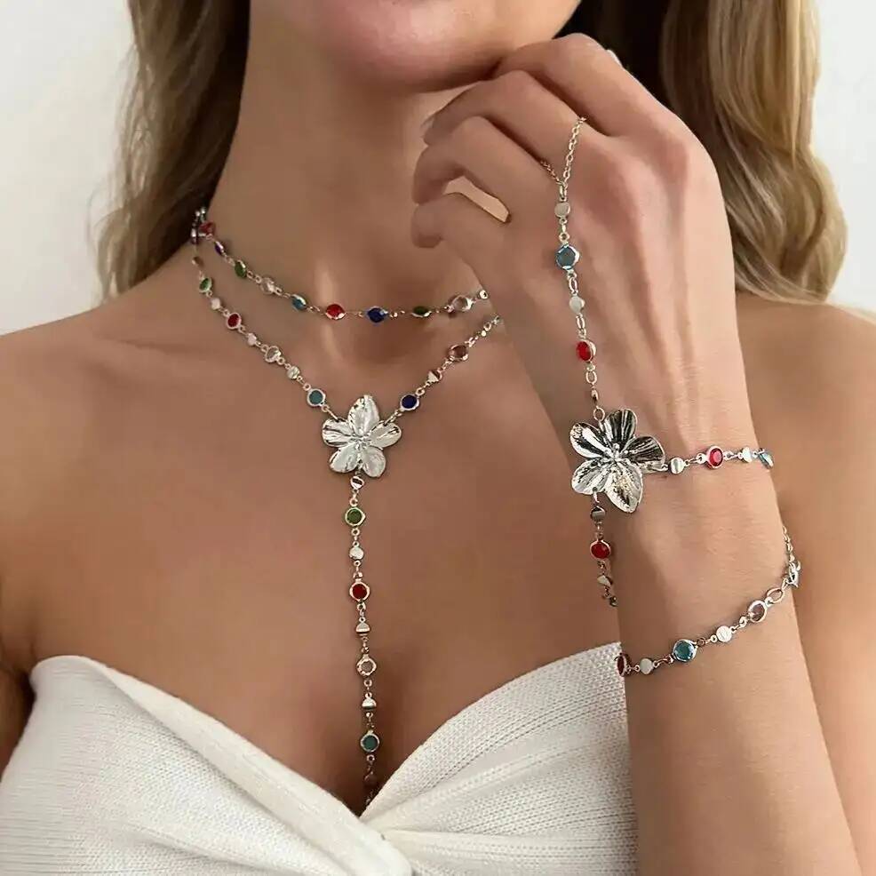 Salircon Bohemia Colorful Crystal Long Y-Shaped Necklace Metal Flower Bracelet Collarbone Chain Summer Party Jewelry Set New