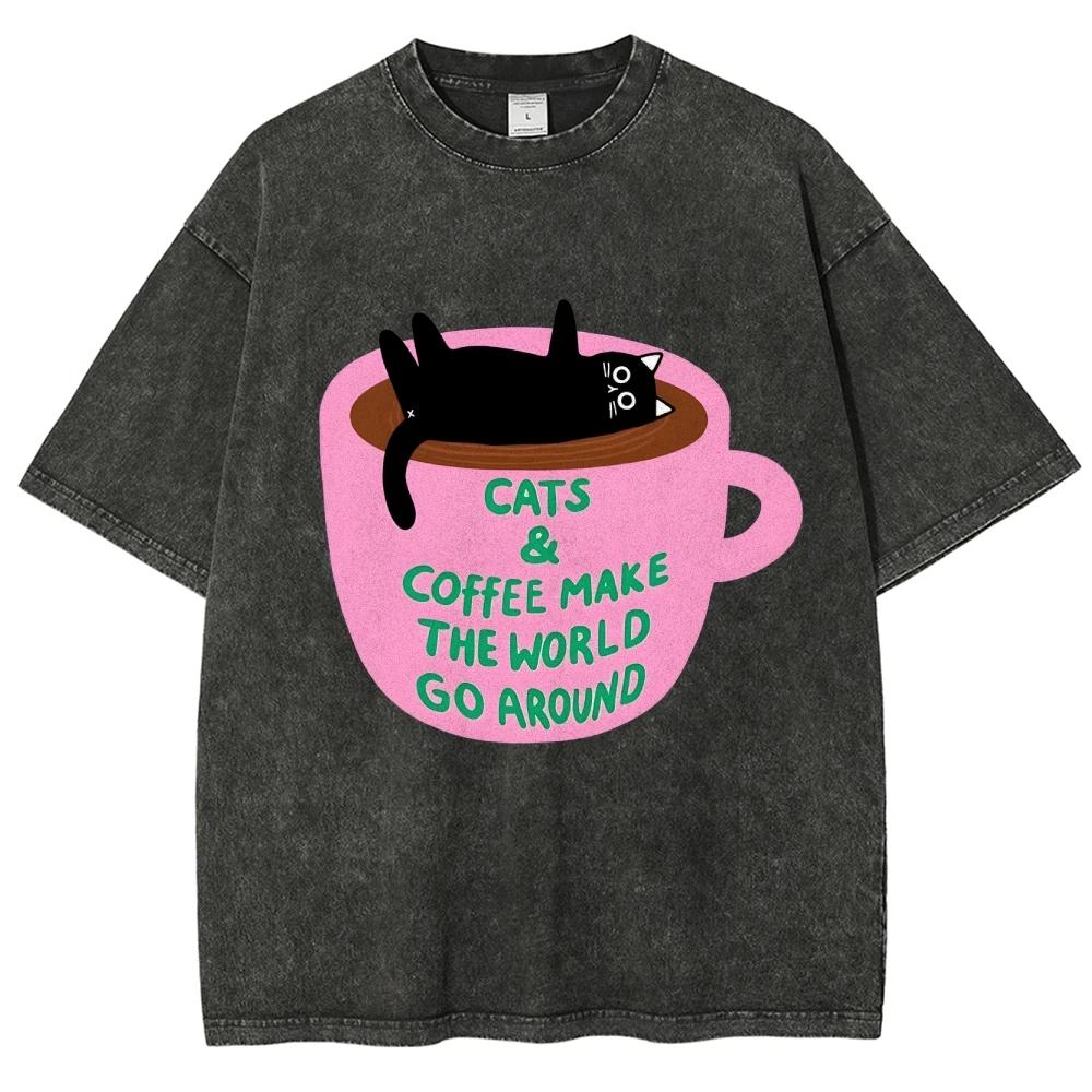 Rosa Tasse Schwarzer Cartoon-Katzen-Print Damen T-Shirt Sommer Bequem Süß Kurzarm Y2K Liebling Lässig Top