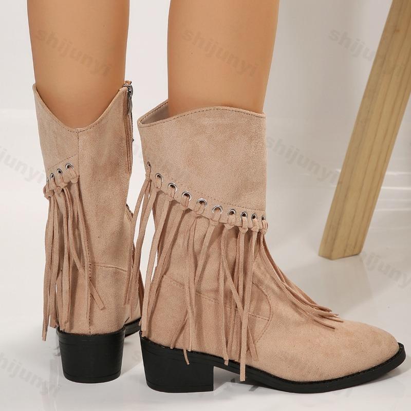 Women Boots Vintage Tassel High Heels Cowgirl 2026 Autumn Fashion Pointed Toe Denim Ankle Boots Woman Pleated Western Booties