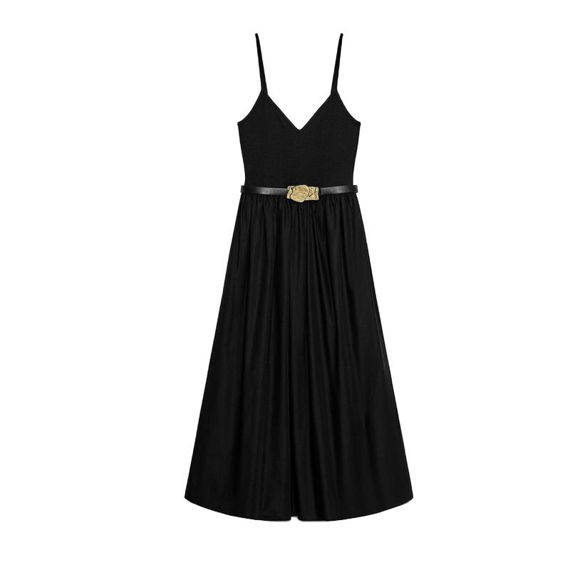

Summer New Women clothes Sexy Style V-neck Sleeveless With Belt Patchwork Sling Midi Dress 1165065 Black L