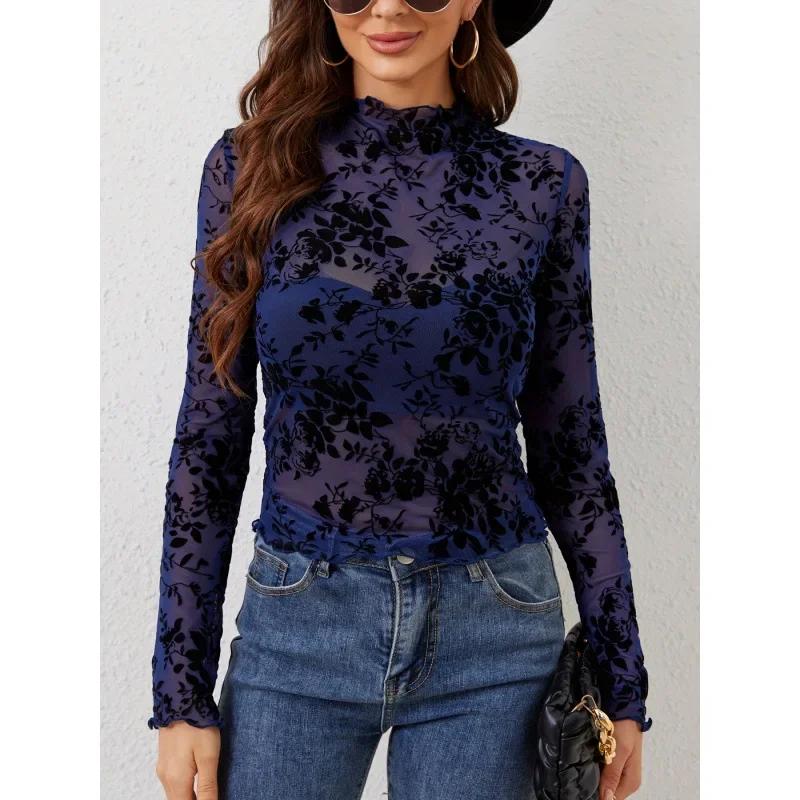 

Сексуальний одношаровий топ без кісточок з сітчастою основою та коміром-стійкою Жіноча футболка Модний жіночий одяг Безрукавка Літній Дихаючий L темно-синього кольору