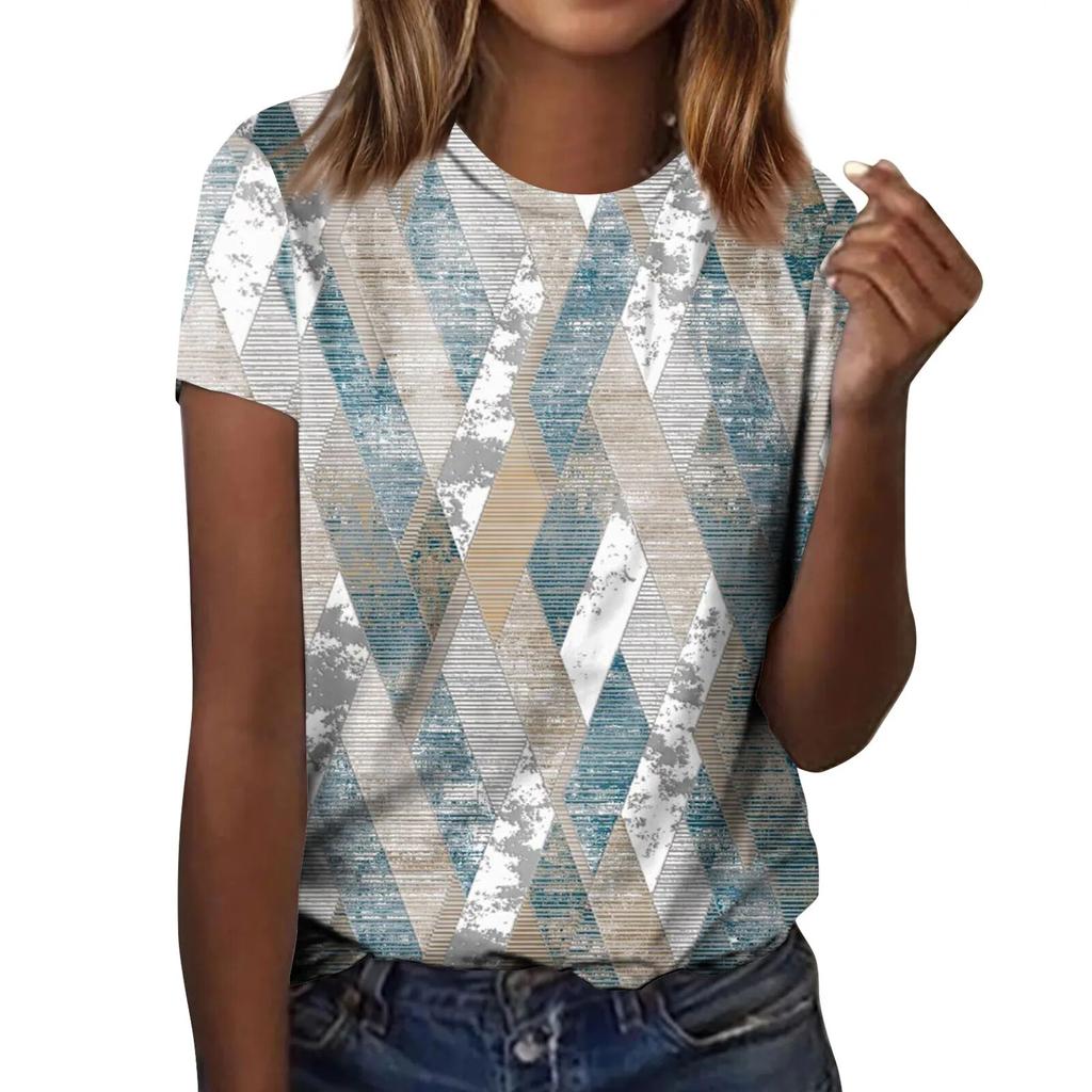Women's Fashion Casual Retro Textured Printed Round Neck Short Sleeve T-Shirt Top Women's Clothing Sale Women's Luxury Tops Mark