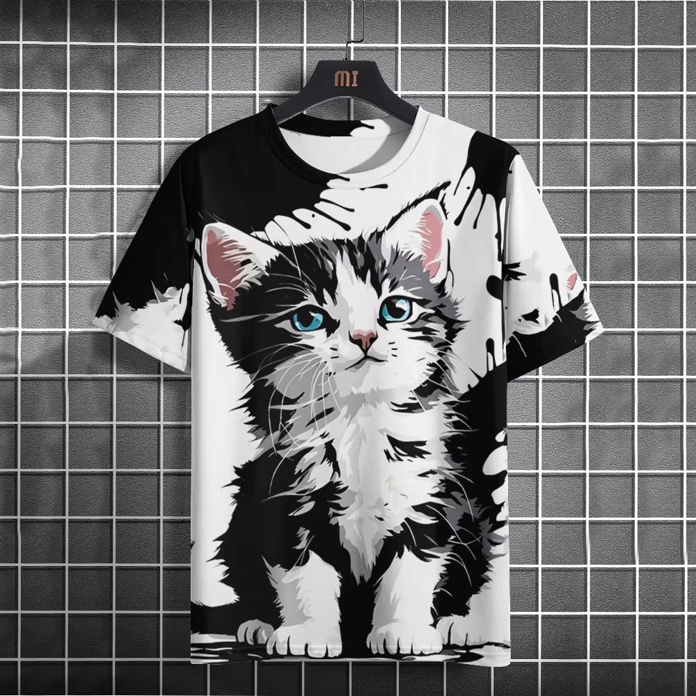 2025 Summer New Men's Cartoon Cute Cat Pattern 3D Printed Short Sleeved Round Neck T-Shirt Casual Quick Drying Neutral Clothing