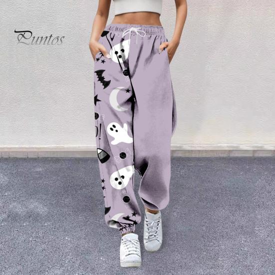 Women Sweatpants Elastic High Waist Adjustable Drawstring Joggers Pants Halloween Pumpkin Print Fitness Pants