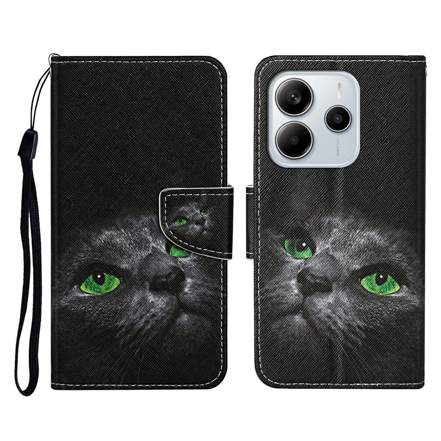 

For Xiaomi Redmi Note 14 4G (163.25mm) Case Pattern Printing Protective Leather Folio Phone Cover with Wrist Strap Black Cat