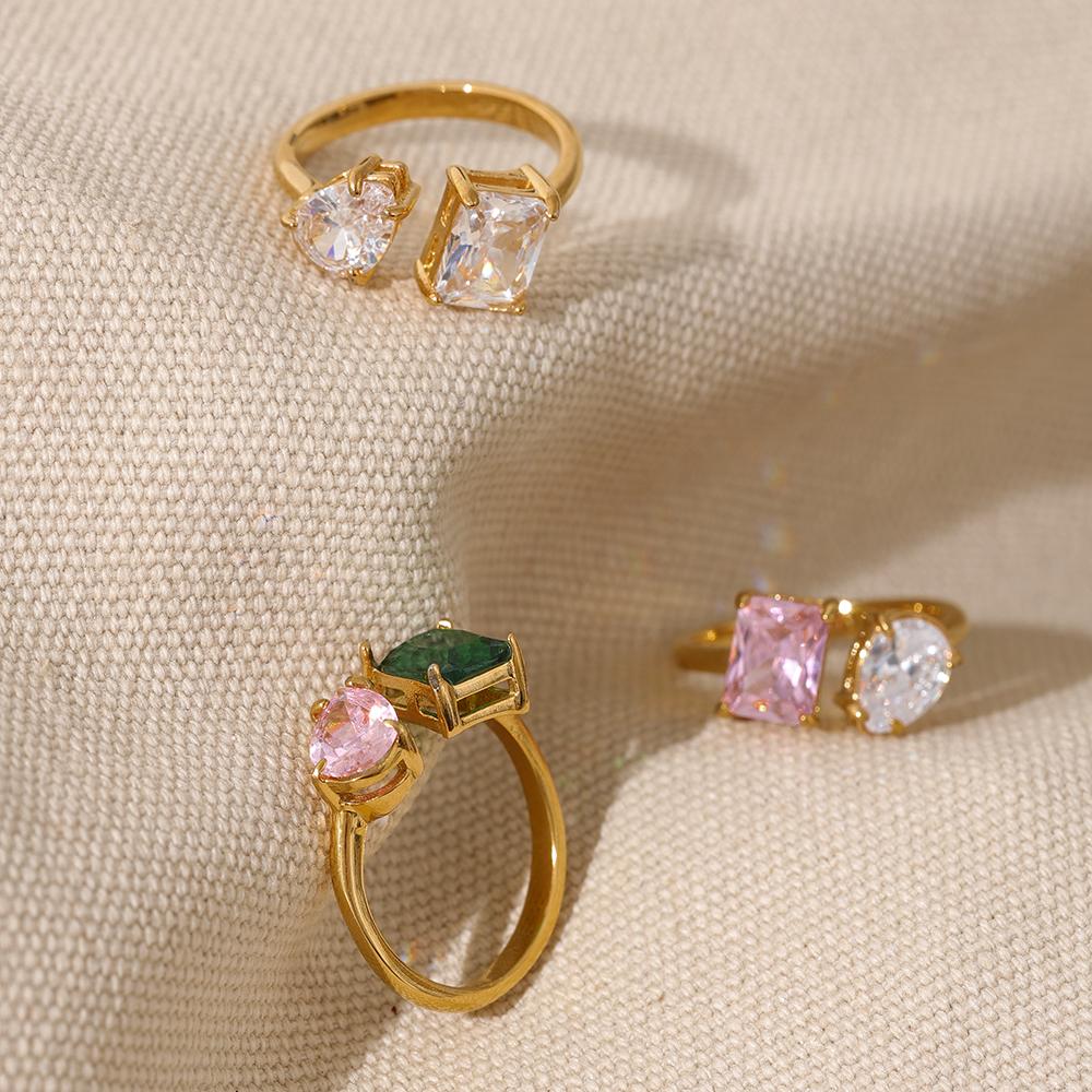Yhpup Waterproof Fashion Stainless Steel Pink Green Cubic Zirconia Adjustable Open Ring Gold Color Unique Bling Charm Jewelry