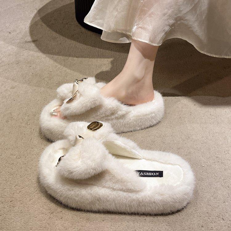 

European fluffy slippers women s outer wear 2025 autumn fairy wind bow plush office thick-soled cotton slippers 40
