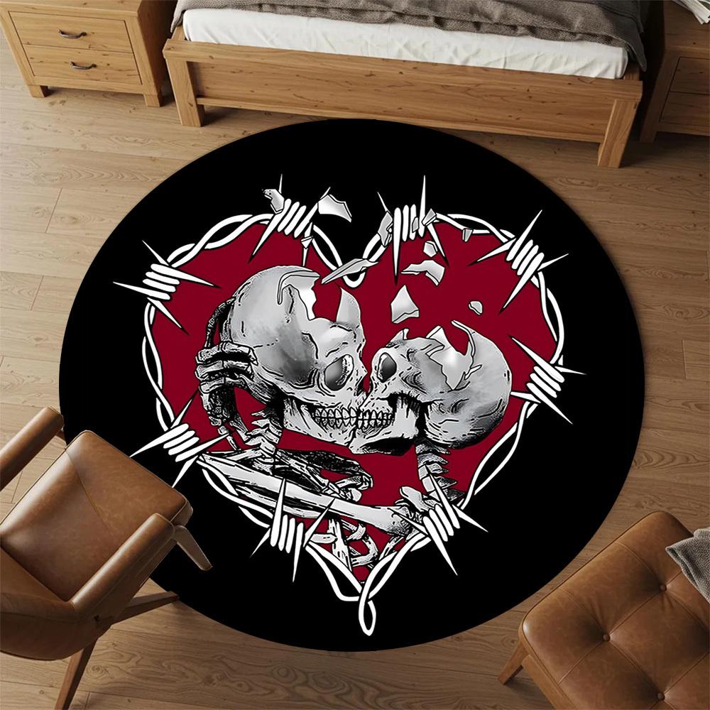 1pc Skulls BarbedWire Round Chair Mat Office Area Rug - Non-Slip, Floor Mat for Office, Bedroom, and Indoor Decor P127119