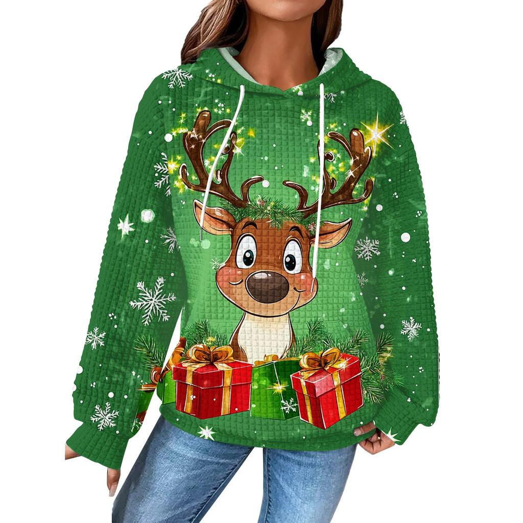 Mote løs hettegenser for kvinner, langermet genser med snøring, drop shoulder, lomme, topp med juleprint
