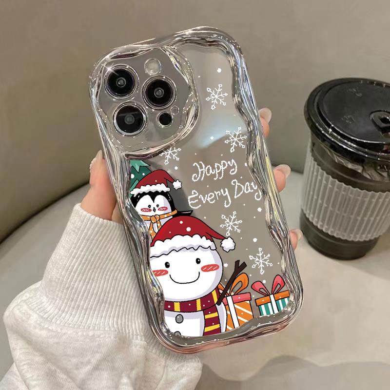 Roztomilý Merry Christmas Pattern Mirrror Shockproof Phone Case pro iPhone 15 Pro Max 14 13 Pro 12 11 Wave Frame Ochrana čočky Lesklé pokovování měkký kryt