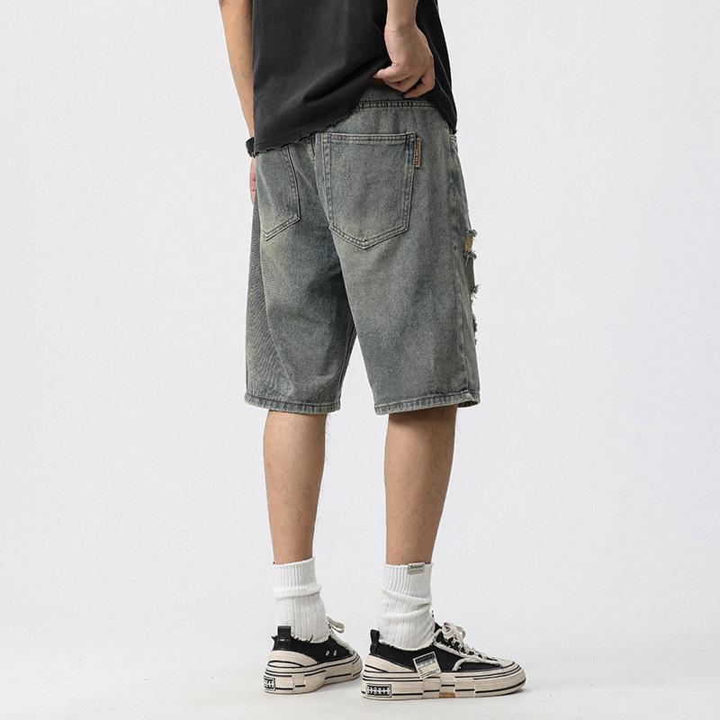 Summer High Street Washing Denim Shorts New Style Ripped Straight Five-point Pants for Men