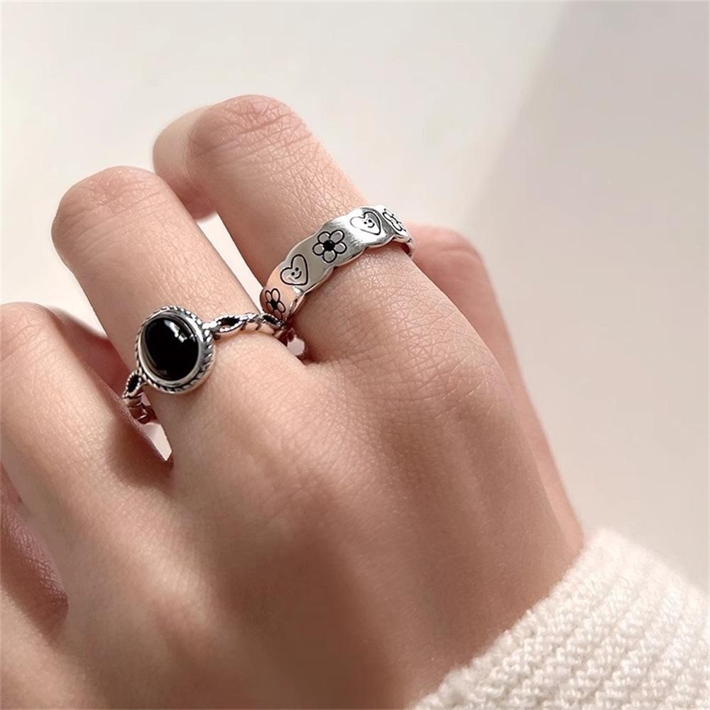 Oval black agate ring, old fashion ring, personalized Korean version ins niche design sense index finger ring