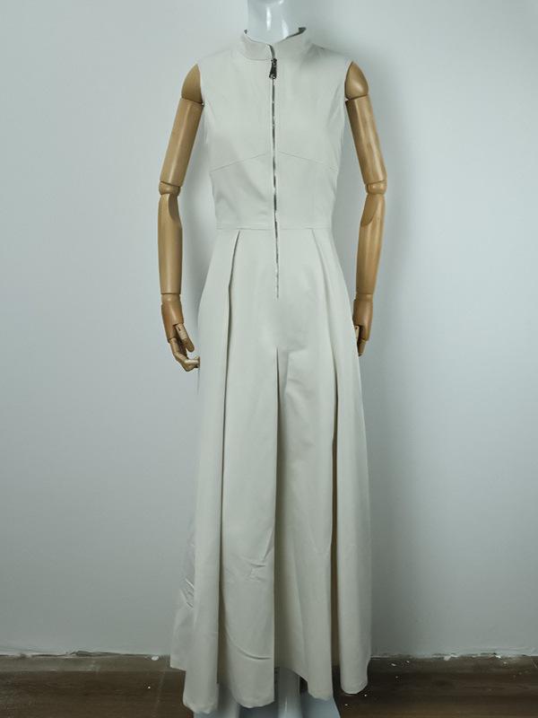 2025 Spring Women's Sleeveless Solid Color Dress with Zipper Waist and Pockets
