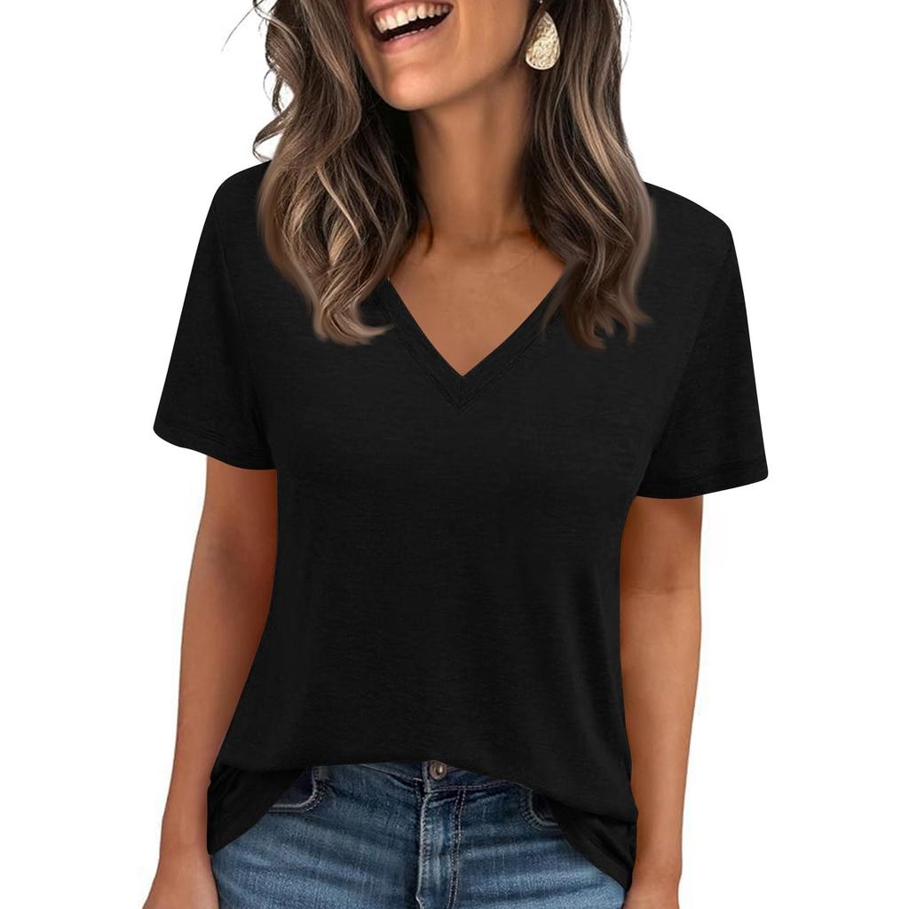 Womens' Fashionable And Casual Solid-color Basic V-neck Short-sleeved Top