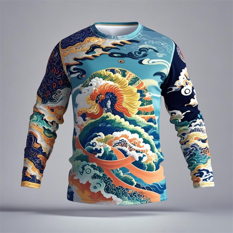 Novelty Men's Ukiyoe Long-sleeved T-shirt 3D Printing Retro Harajuku Pattern Printing Men Autumn Casual Round Neck Kids Clothes