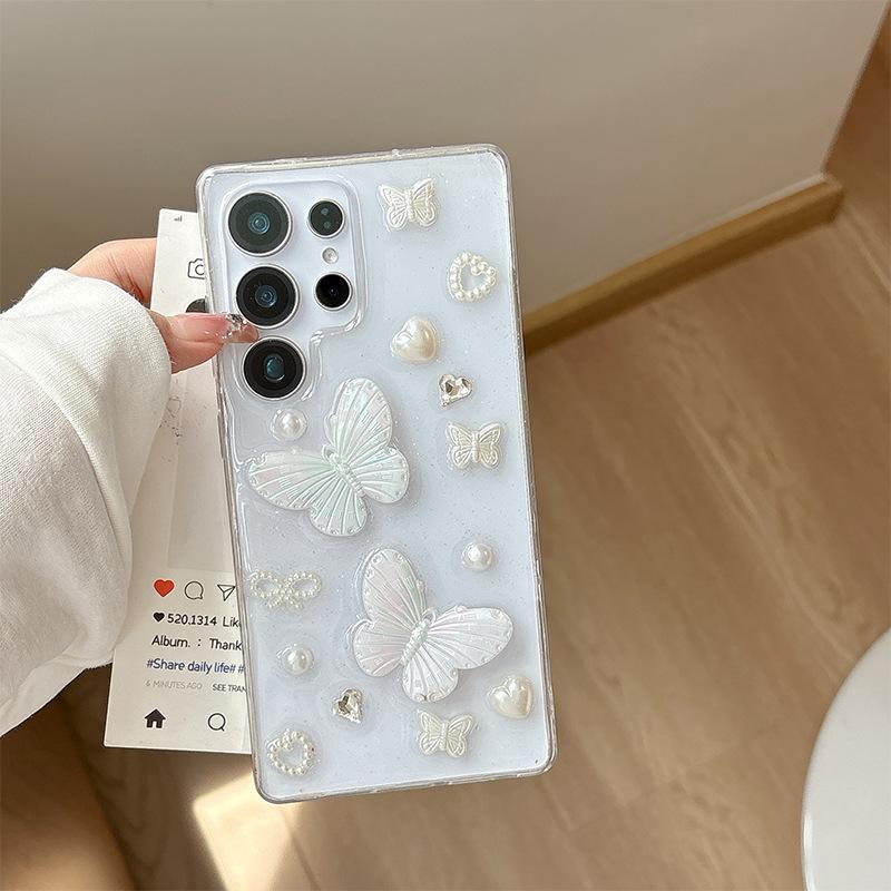 Xiaoqing Fresh Wind Glitter Mobile Phone Case Is Suitable For Samsung S25Ultra Flower S24 Butterfly A36 Bow Tie Transparent A15