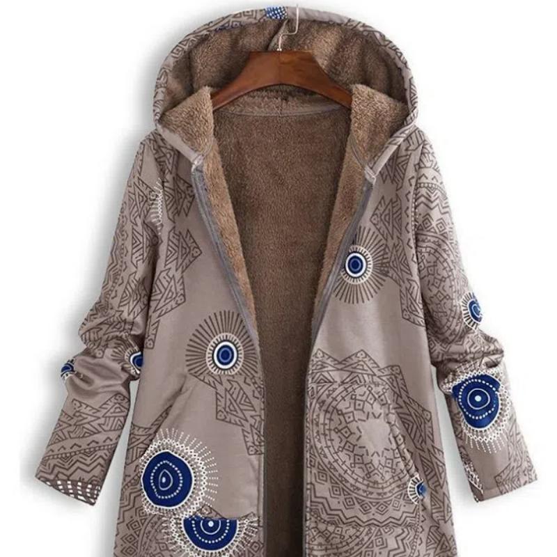 New Autumn Winter Women's Vintage Cotton Linen Coat, Thickened Zip-Up Hooded Jacket with Pockets and Floral Print