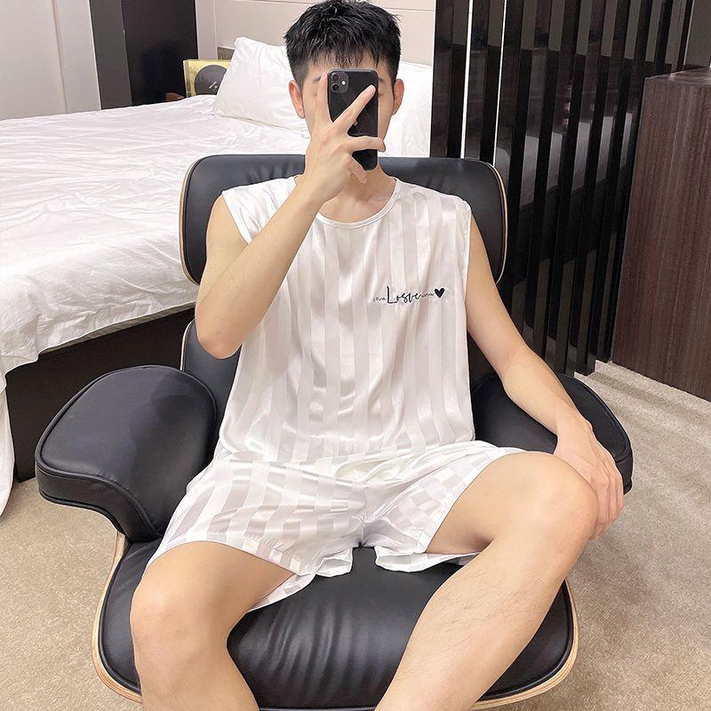 Summer Pajamas Men's Ice Silk Thin Vest Shorts Men's Loungewear Set Large Size Sleeveless Comfortable Casual Loungewear
