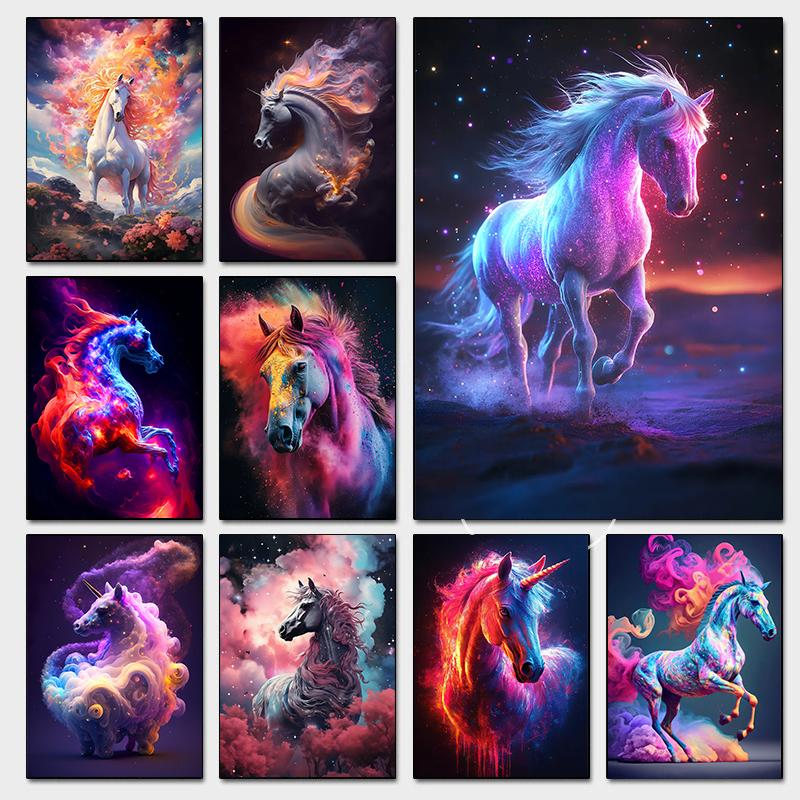 Mistero Colorato Creatività Cavallo Poster Nuvola Cosmica Stampe Moderne Pittura su Tela Arte da Parete Immagini Decorazioni Soggiorno Casa