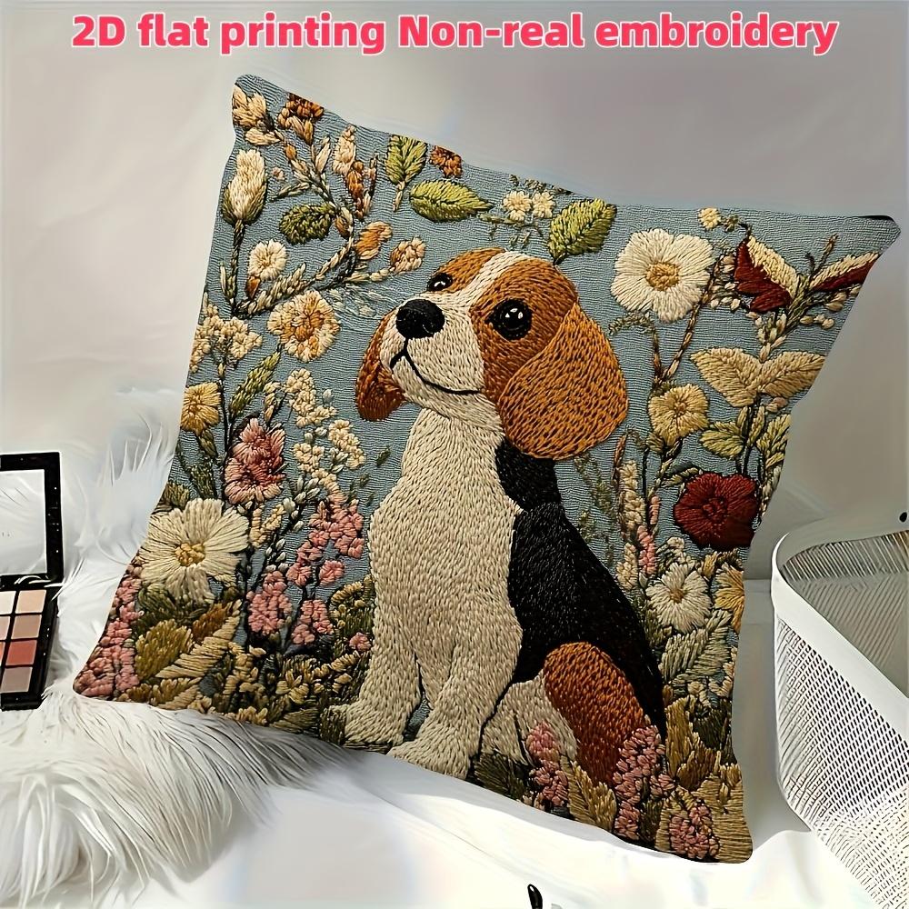 2D flach - Vintage Beagle Hund Blumig Überwurf Kissenbezug 2D Flach Gedruckt Gemütlich Wohnkultur Kissenhülle für Sofa Schlafzimmer Wohnzimmer
