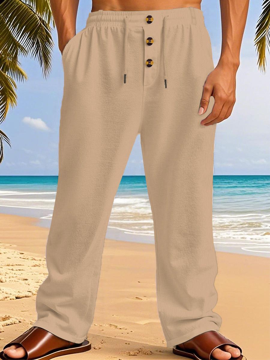 

Summer Men s Black Linen Pants - Casual Breathable Beachwear, Perfect for Vacation and Daily Use, Straight Leg Design XXXL темного кольору хакі