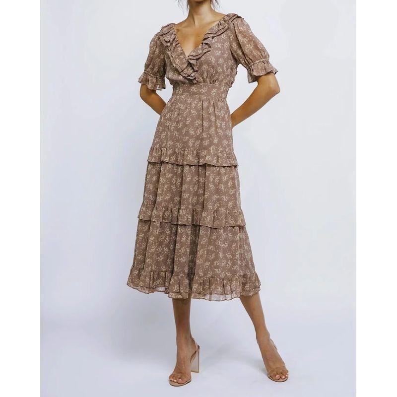 

Foreign Trade Order Leisure Holiday Style Exquisite Print Lantern Sleeve Big Hemline Dress Strap Backless Ins Lotus Leaf Long dress Dark brown flowers S