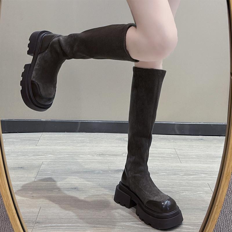 Fashion High Platform Boots Women Suede Flats Shoes Women 2024 Trend Winter Designer Mid Heels New Motorcycle Boots Trend Femme Shoes