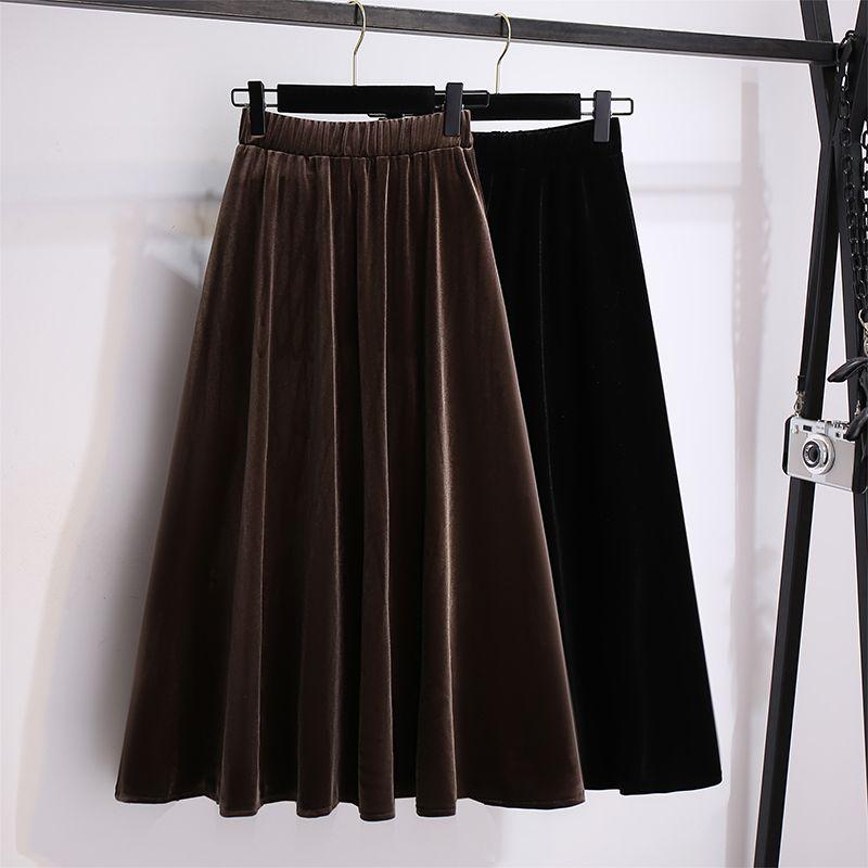 Women's Plus Size Skirt Autumn Winter High-Waist A-Line Velvet Skirt Elastic Waist Solid Color Skirt