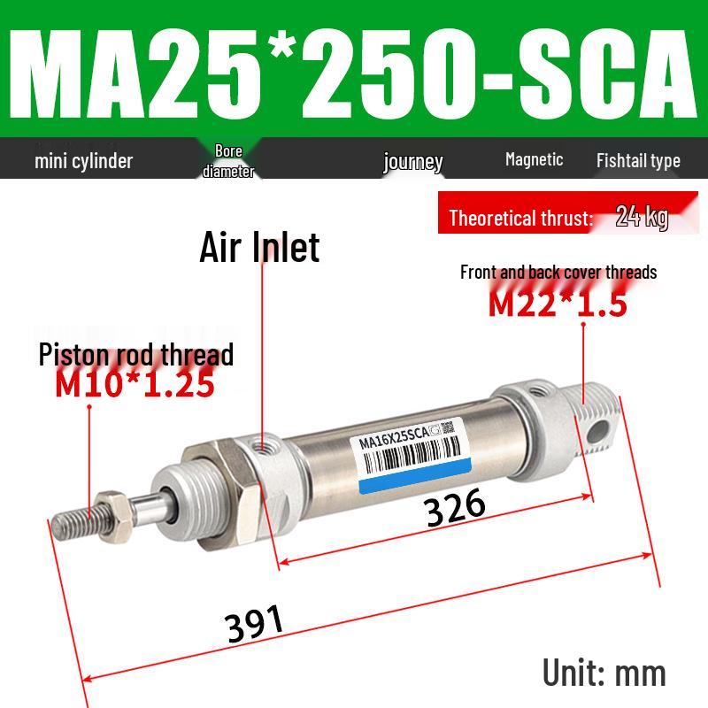 Mini Stainless Steel Pneumatic Cylinder MA Series (16-40mm Bore, 50-200mm Stroke)