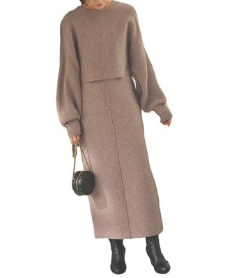 Mizukoshi Stricktops Vorne und Hinten 2-Wege Strickkleid Set S Greige [Kobe Lettuce] [Misato Kooperation] [E3184]