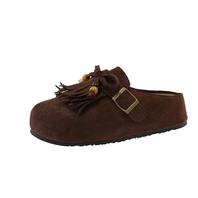 Retro Style Tassel Bag Head Half Slippers Women's 2025 Autumn New Flat-bottomed Lazy Belt Buckle Beaded Matte Slippers